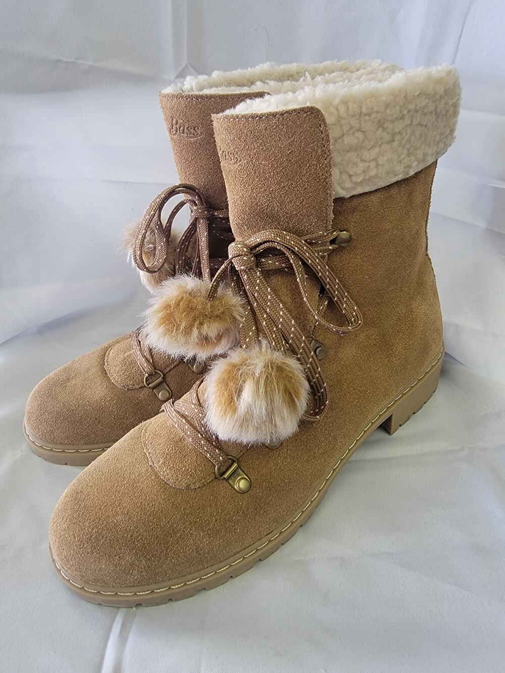 Bass Leather Boots Ladies 11M Faux Sherpa Lined Lace Up With Pom Poms Snow 71